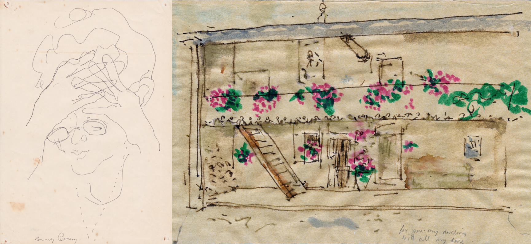 Two drawings by John Berger : Beverly's portrait alongside John Berger Home
