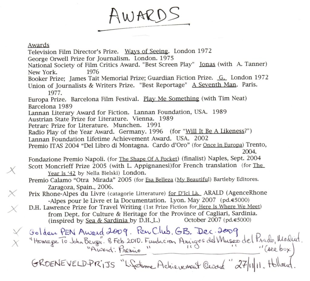 John Berger Awards listed by Beverly Bancroft © John Berger Estate