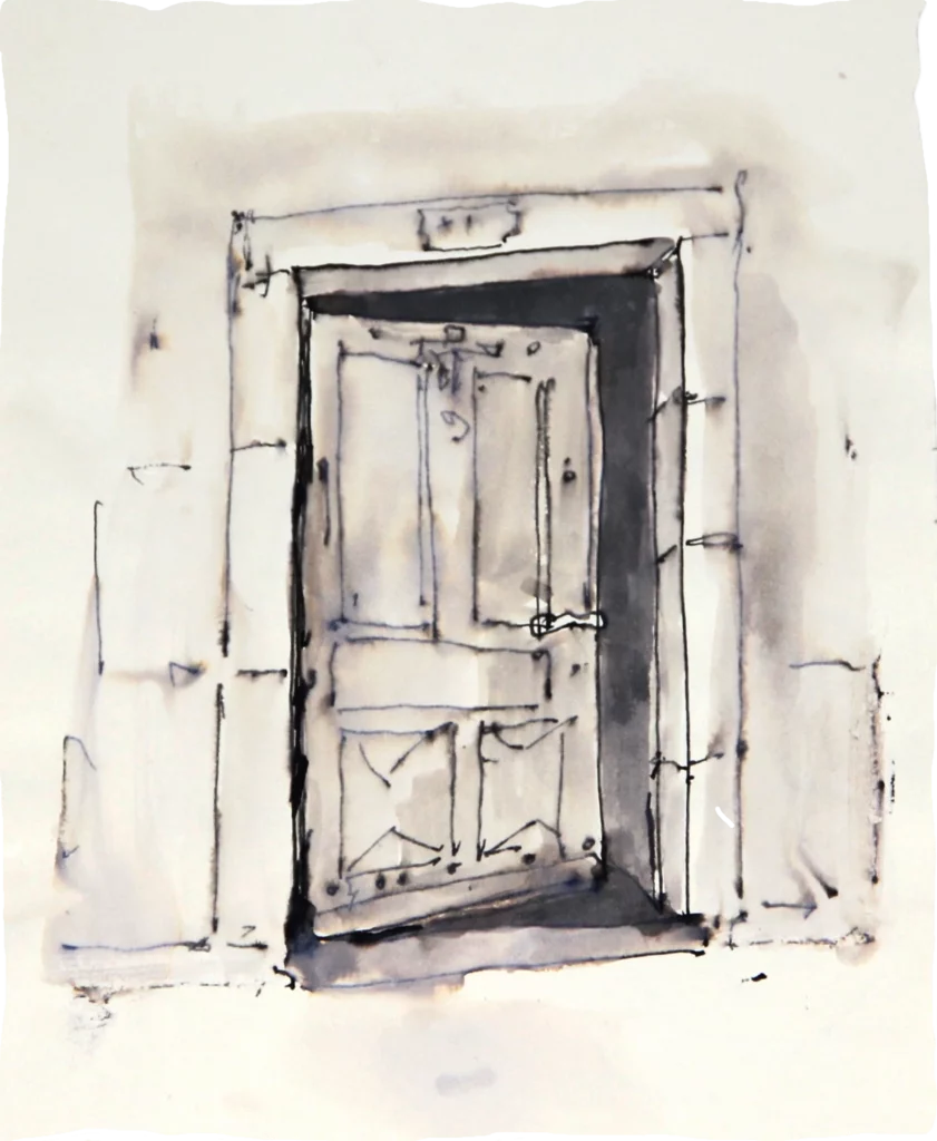 John Berger's black and withe drawing of a door from "Bento's sketchbook"